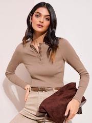 Friends Like These Taupe Rib Henley Long Sleeve Top - Image 1 of 4