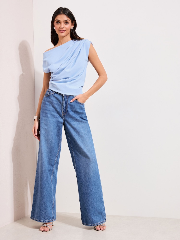 新品】Styling/ オフショルダー パフスリーブ トップス ブルー オフ 