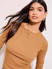 Friends Like These Ochre Yellow Rib Henley Long Sleeve Top - Image 1 of 4