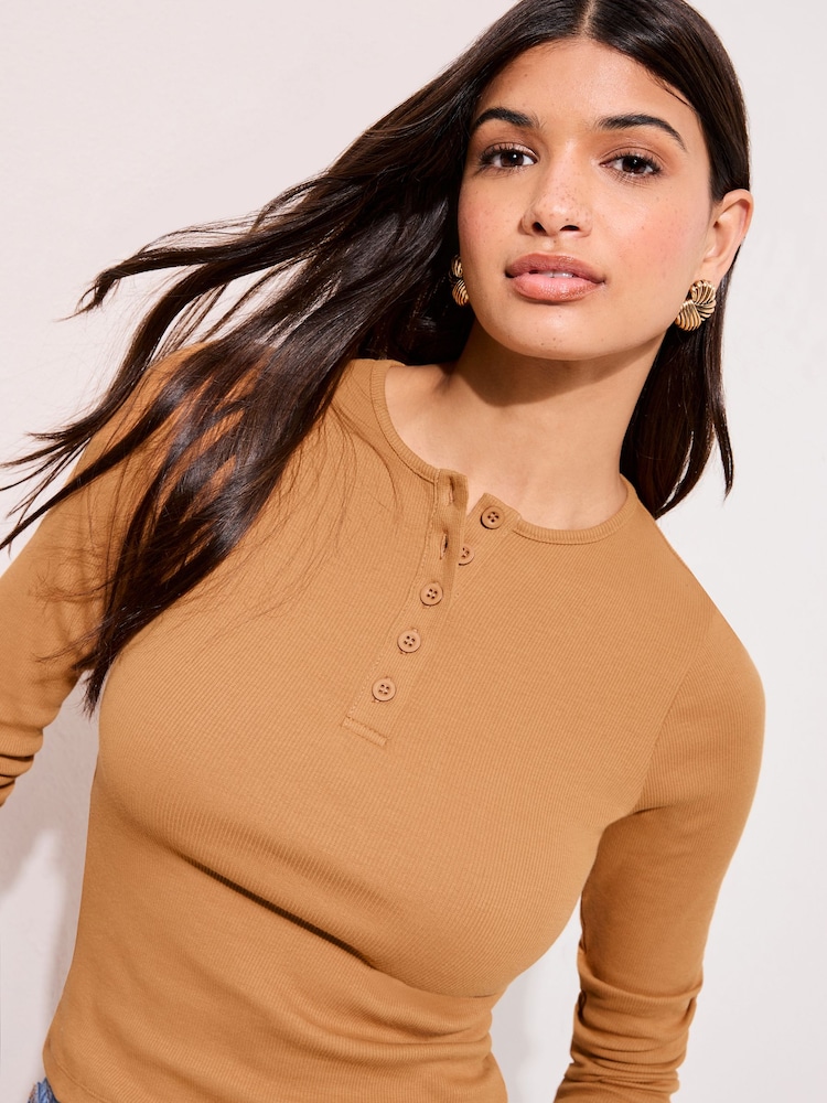 Friends Like These Ochre Yellow Rib Henley Long Sleeve Top - Image 1 of 4