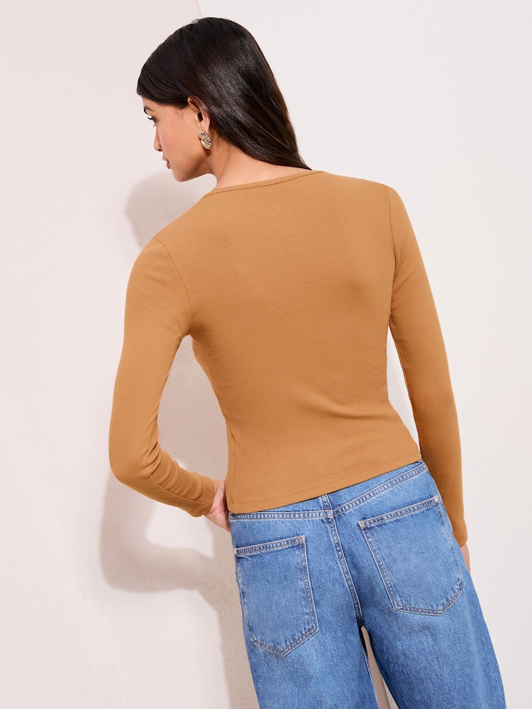 Friends Like These Ochre Yellow Rib Henley Long Sleeve Top - Image 2 of 4