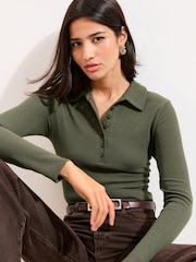 Friends Like These Khaki Green Crinkle Henley Top - Image 1 of 4