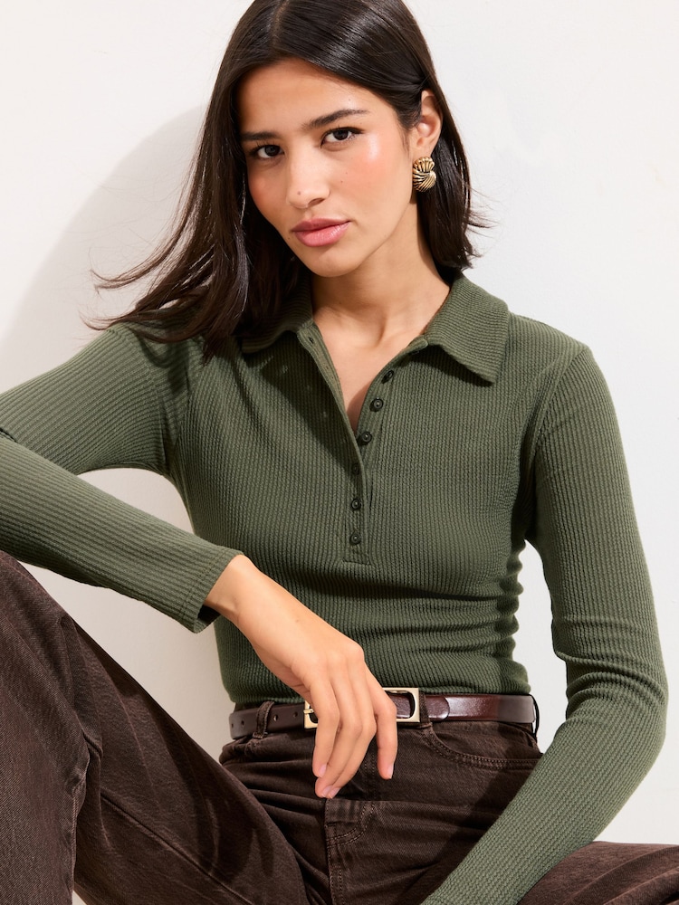 Friends Like These Khaki Green Crinkle Henley Top - Image 1 of 4