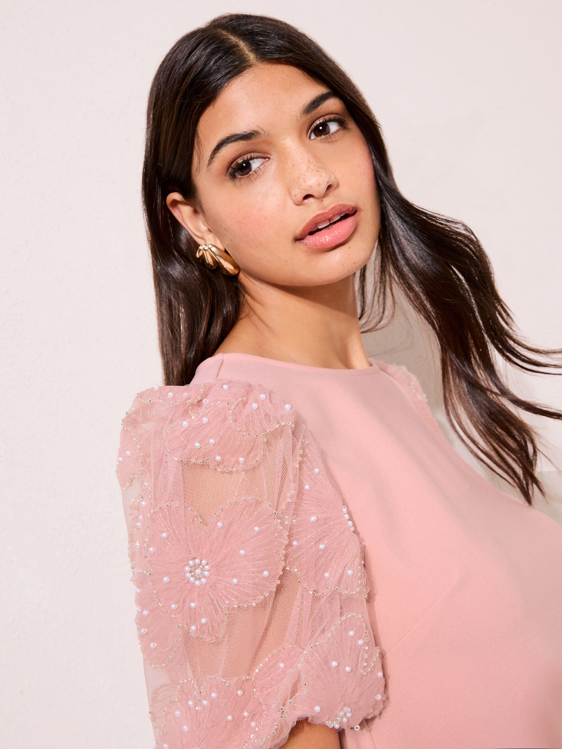 Buy Friends Like These Blush Pink Rose Detail Puff Sleeve Top from