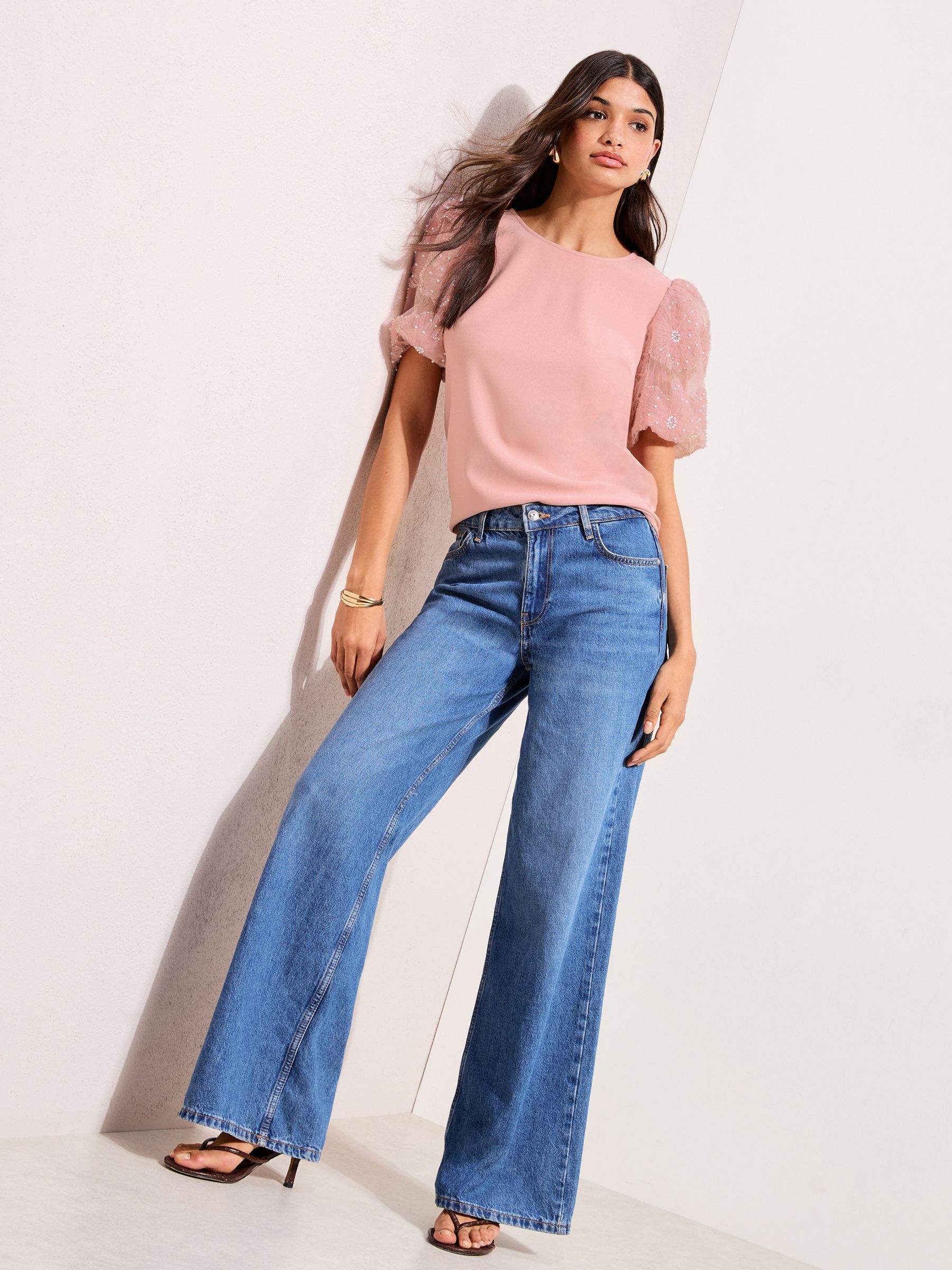 Buy Friends Like These Blush Pink Rose Detail Puff Sleeve Top from