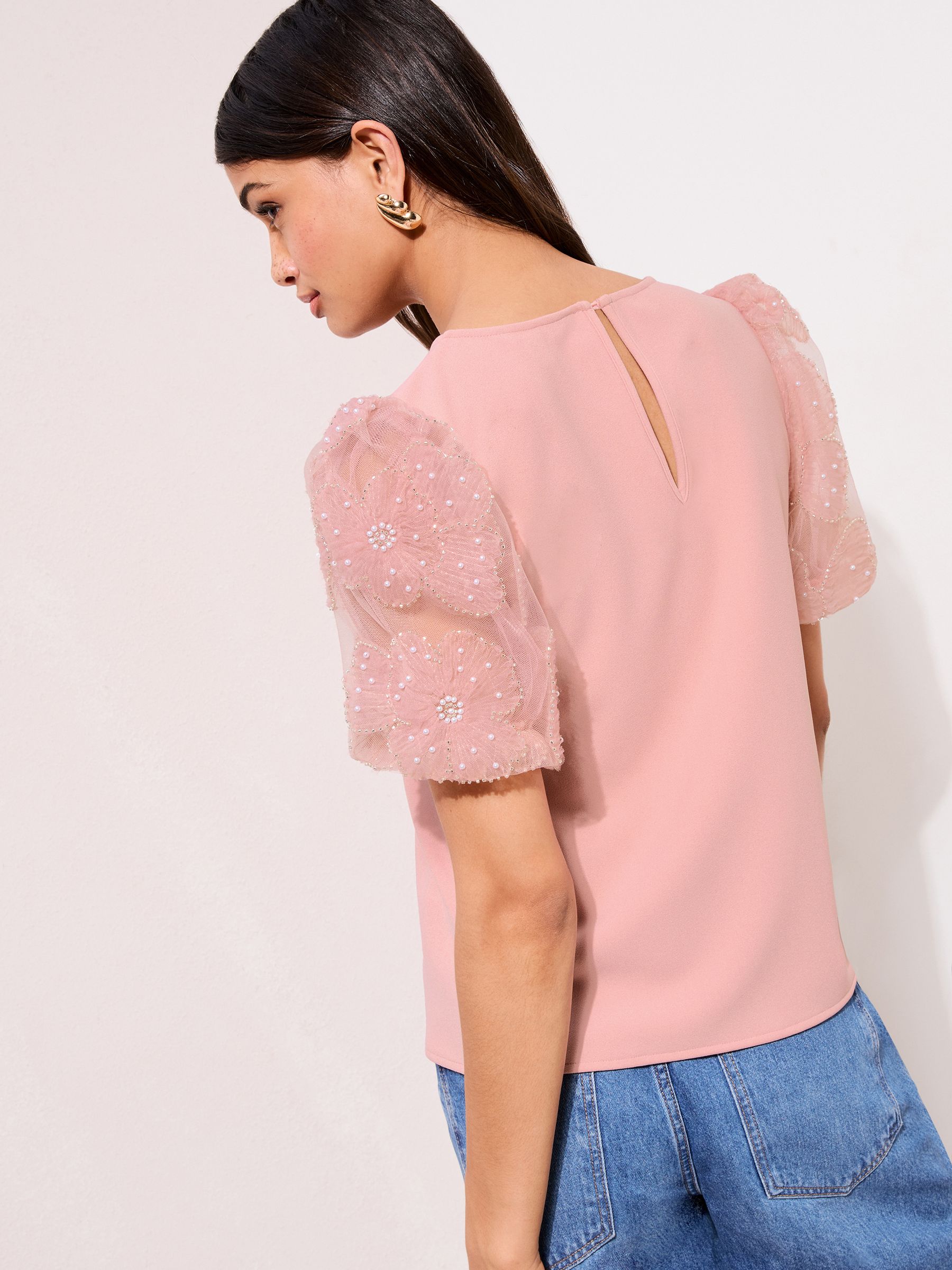 Buy Friends Like These Blush Pink Rose Detail Puff Sleeve Top from