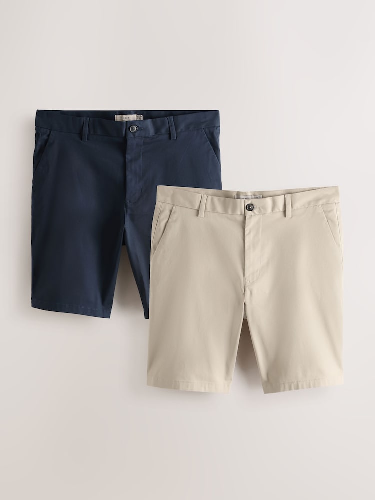Navy/Stone Slim Fit Stretch Chino Shorts 2 Pack - Image 1 of 5