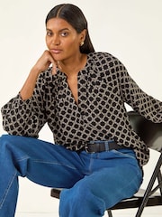 Roman Black Geometric Print Raglan Tunic Top - Image 1 of 5