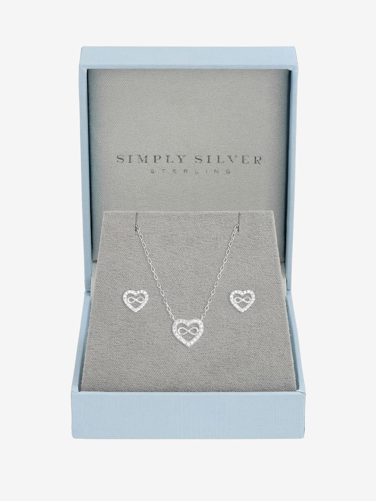 Simply Silver 925 Sterling Silver Pave Heart and Infinity Set - Gift Boxed - Image 1 of 4 Simply Silver 925 Sterling Silver Pave Heart and Infinity Set - Gift Boxed - Image 1 of 4