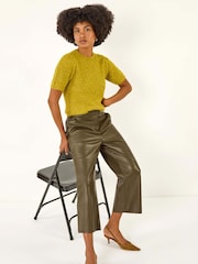 Roman Green Faux Leather Wide Leg Crop Trousers - Image 1 of 5