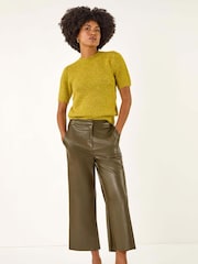 Roman Green Faux Leather Wide Leg Crop Trousers - Image 2 of 5
