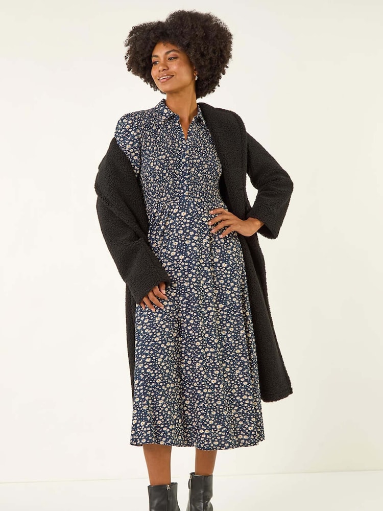 Roman Blue Ditsy Floral Print Shirred Midi Dress - Image 1 of 5 Roman Blue Ditsy Floral Print Shirred Midi Dress - Image 1 of 5