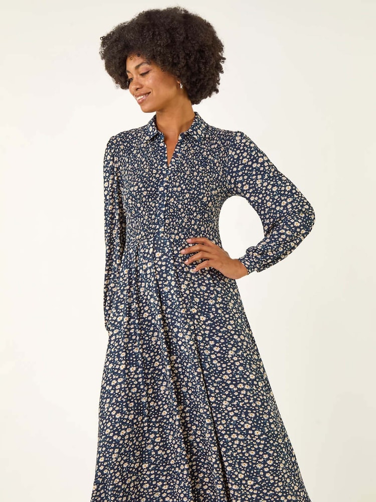 Roman Blue Ditsy Floral Print Shirred Midi Dress - Image 2 of 5 Roman Blue Ditsy Floral Print Shirred Midi Dress - Image 2 of 5