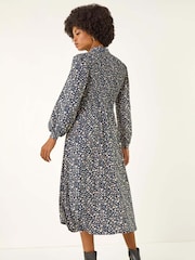 Roman Blue Ditsy Floral Print Shirred Midi Dress - Image 3 of 5