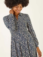 Roman Blue Ditsy Floral Print Shirred Midi Dress - Image 4 of 5