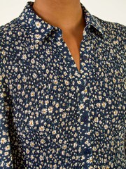 Roman Blue Ditsy Floral Print Shirred Midi Dress - Image 5 of 5