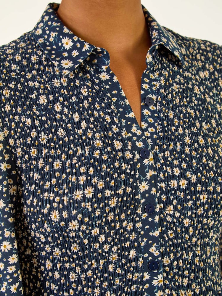 Roman Blue Ditsy Floral Print Shirred Midi Dress - Image 5 of 5 Roman Blue Ditsy Floral Print Shirred Midi Dress - Image 5 of 5
