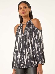 Roman Black Abstract Print Cold Shoulder Stretch Blouse - Image 1 of 5
