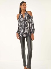 Roman Black Abstract Print Cold Shoulder Stretch Blouse - Image 4 of 5