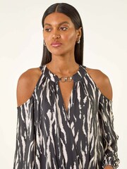 Roman Black Abstract Print Cold Shoulder Stretch Blouse - Image 5 of 5
