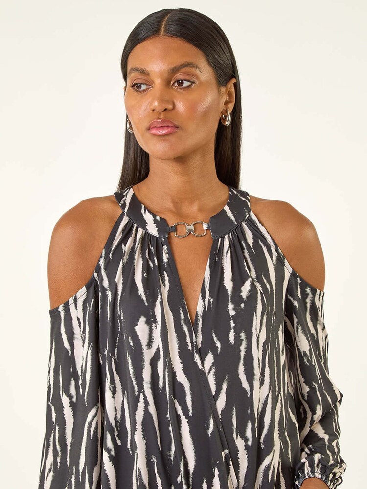 Roman Black Abstract Print Cold Shoulder Stretch Blouse - Image 5 of 5
