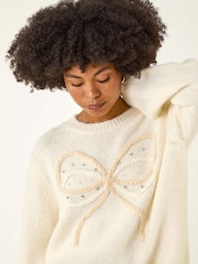 Roman White Faux Pearl Bow Knit Crew Jumper - Image 1 of 5