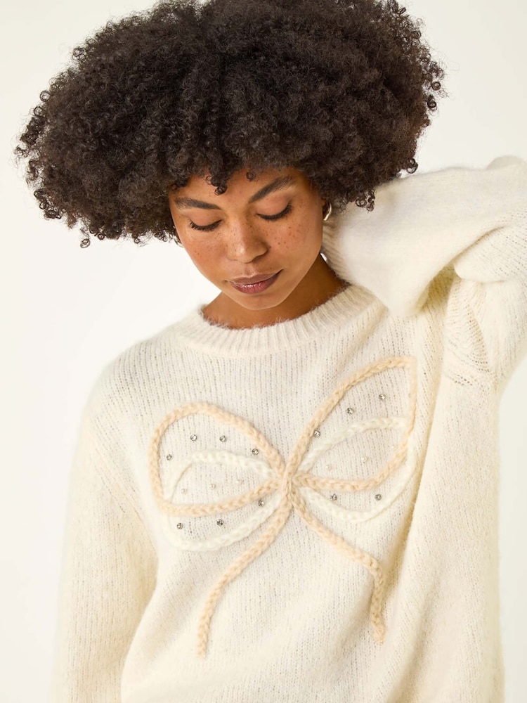 Roman White Faux Pearl Bow Knit Crew Jumper - Image 1 of 5 Roman White Faux Pearl Bow Knit Crew Jumper - Image 1 of 5