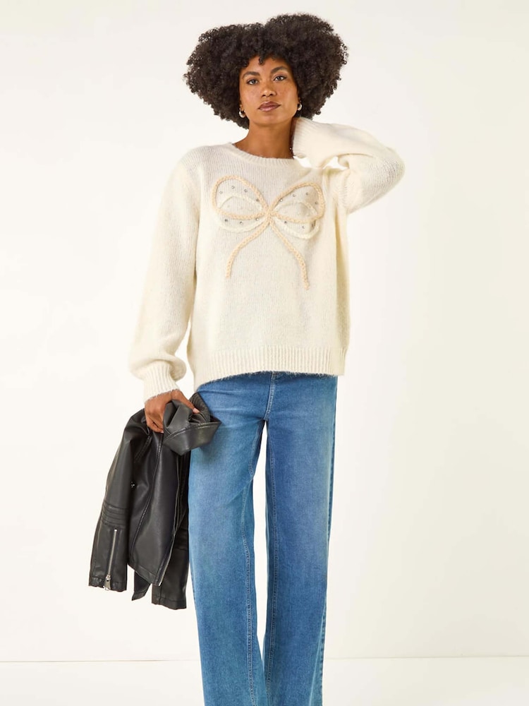 Roman White Faux Pearl Bow Knit Crew Jumper - Image 2 of 5 Roman White Faux Pearl Bow Knit Crew Jumper - Image 2 of 5