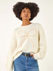 Roman White Faux Pearl Bow Knit Crew Jumper - Image 4 of 5