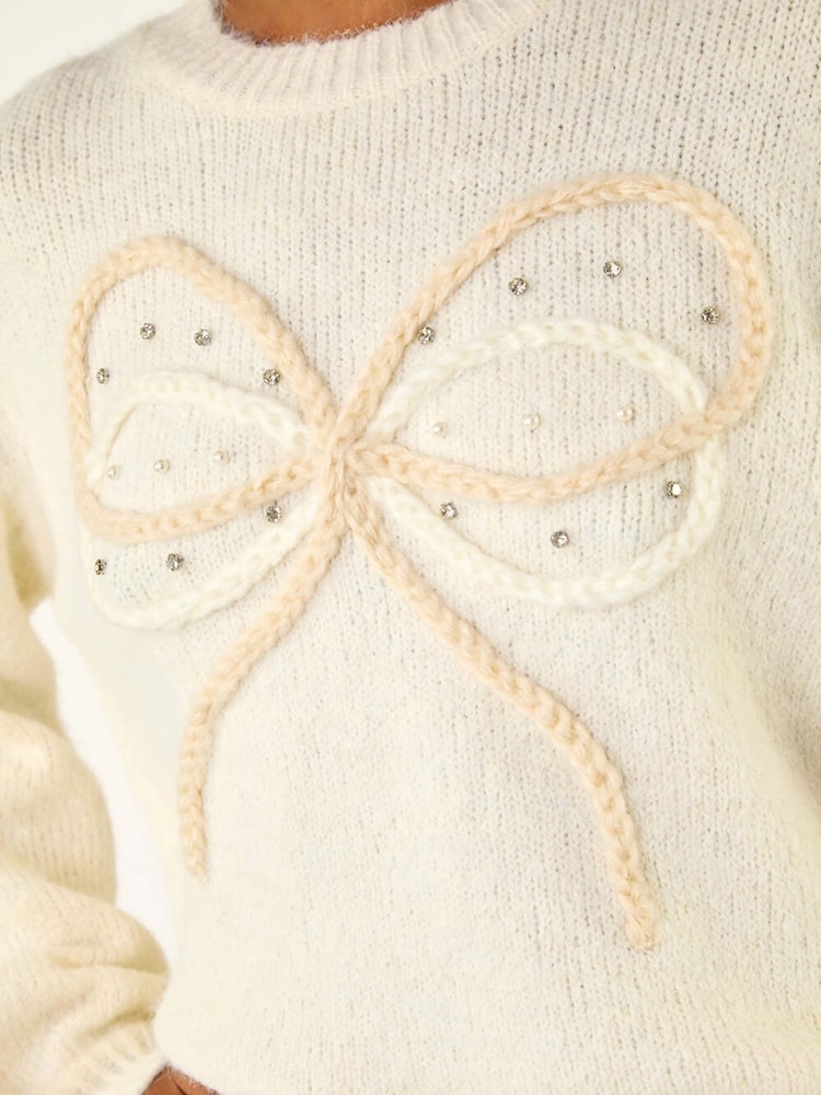 Roman White Faux Pearl Bow Knit Crew Jumper - Image 5 of 5 Roman White Faux Pearl Bow Knit Crew Jumper - Image 5 of 5