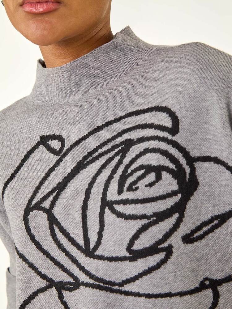 Roman Grey Rose Motif High Neck Knit Jumper - Image 1 of 5 Roman Grey Rose Motif High Neck Knit Jumper - Image 1 of 5