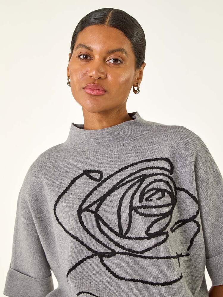 Roman Grey Rose Motif High Neck Knit Jumper - Image 2 of 5 Roman Grey Rose Motif High Neck Knit Jumper - Image 2 of 5