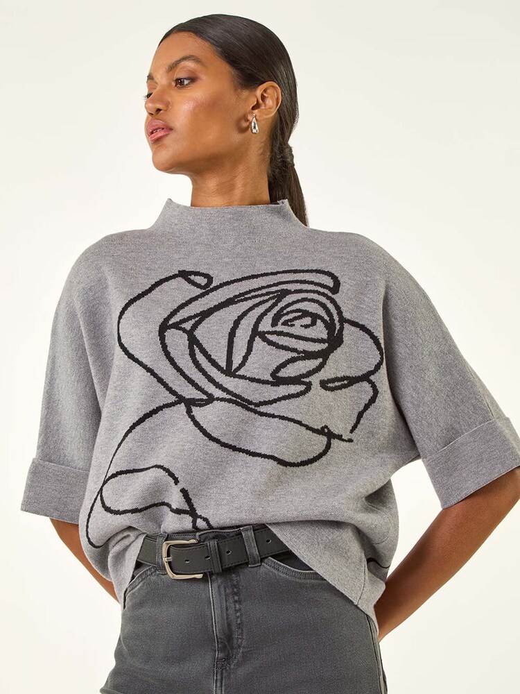 Roman Grey Rose Motif High Neck Knit Jumper - Image 5 of 5 Roman Grey Rose Motif High Neck Knit Jumper - Image 5 of 5