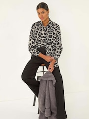 Roman Grey Animal Print Buttoned Blouse - Image 1 of 5