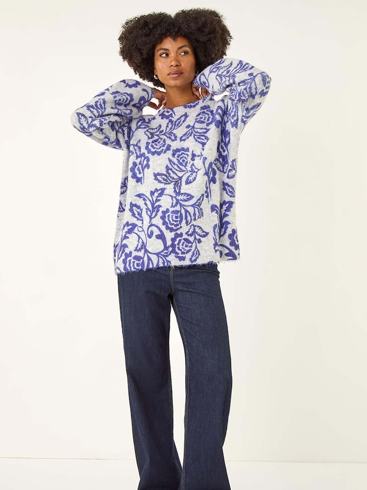 Roman Grey Abstract Floral Knit Jumper - Image 1 of 5 Roman Grey Abstract Floral Knit Jumper - Image 1 of 5