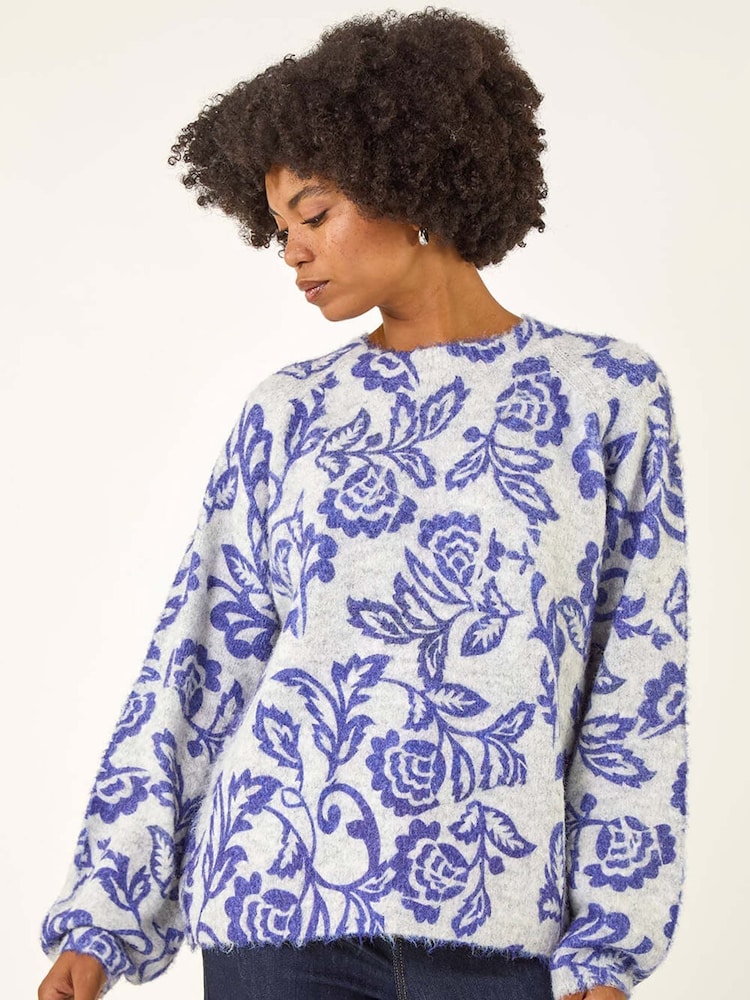 Roman Grey Abstract Floral Knit Jumper - Image 2 of 5 Roman Grey Abstract Floral Knit Jumper - Image 2 of 5