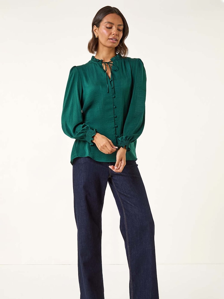 Roman Green Ruffle Front Tie Neck Blouse - Image 1 of 5 Roman Green Ruffle Front Tie Neck Blouse - Image 1 of 5