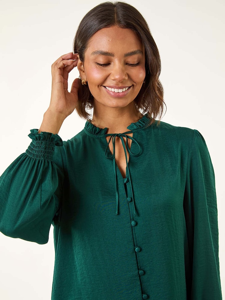 Roman Green Ruffle Front Tie Neck Blouse - Image 2 of 5 Roman Green Ruffle Front Tie Neck Blouse - Image 2 of 5