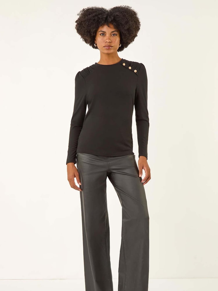 Roman Black Ruched Button Stretch Jumper - Image 2 of 5