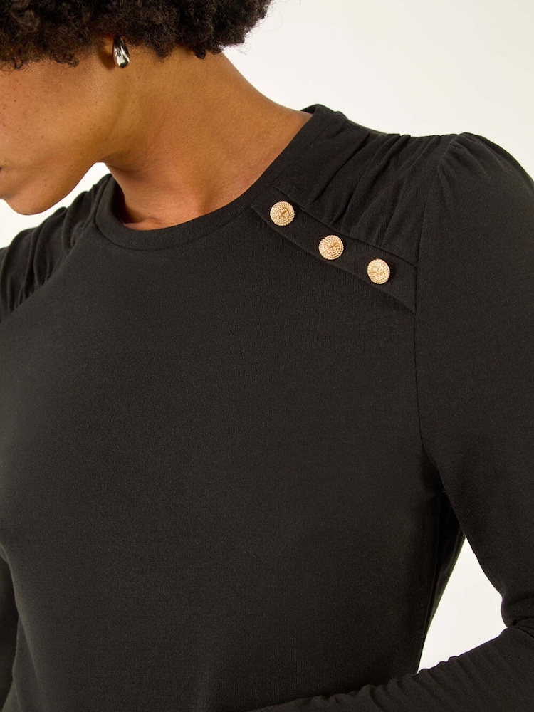 Roman Black Ruched Button Stretch Jumper - Image 5 of 5 Roman Black Ruched Button Stretch Jumper - Image 5 of 5