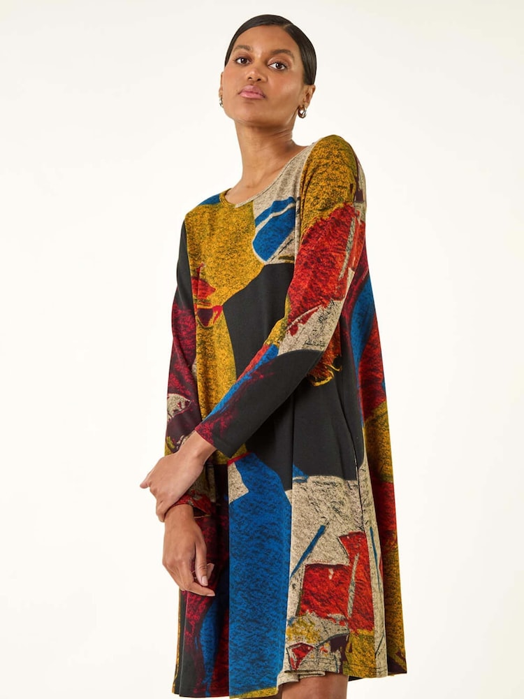 Roman Black Abstract Print Swing Dress - Image 1 of 5 Roman Black Abstract Print Swing Dress - Image 1 of 5