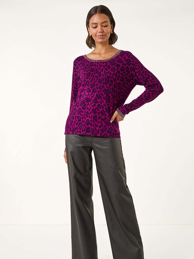 Roman Magenta Animal Print Embellished Trim Jumper - Image 1 of 5
