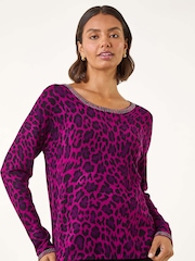 Roman Magenta Animal Print Embellished Trim Jumper - Image 2 of 5