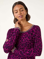 Roman Magenta Animal Print Embellished Trim Jumper - Image 4 of 5