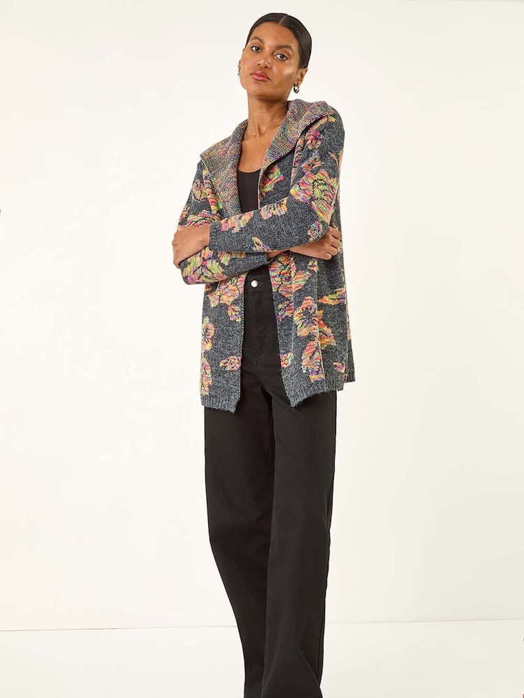 Roman Grey Floral Jacquard Knit Cardigan - Image 2 of 5 Roman Grey Floral Jacquard Knit Cardigan - Image 2 of 5