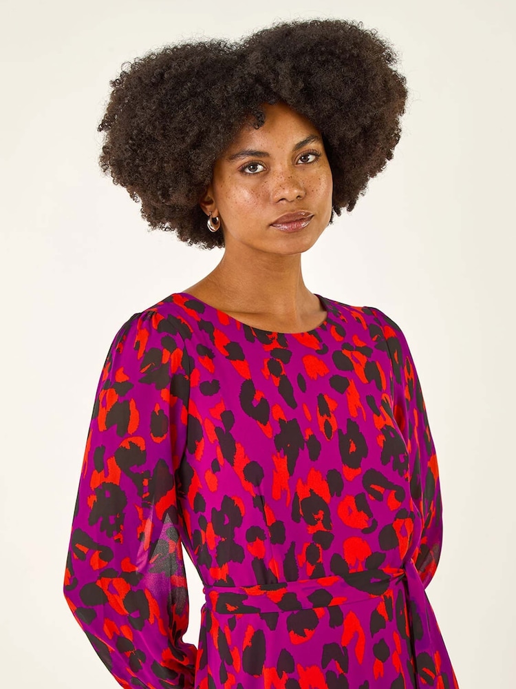 Roman Purple Animal Print Shirred Midi Dress - Image 1 of 5 Roman Purple Animal Print Shirred Midi Dress - Image 1 of 5