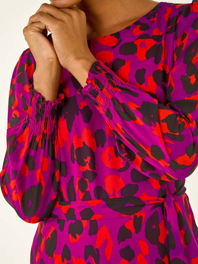Roman Purple Animal Print Shirred Midi Dress - Image 2 of 5 Roman Purple Animal Print Shirred Midi Dress - Image 2 of 5