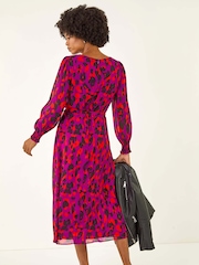 Roman Purple Animal Print Shirred Midi Dress - Image 3 of 5