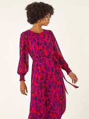 Roman Purple Animal Print Shirred Midi Dress - Image 4 of 5