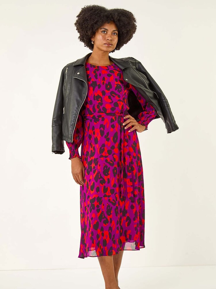 Roman Purple Animal Print Shirred Midi Dress - Image 5 of 5 Roman Purple Animal Print Shirred Midi Dress - Image 5 of 5